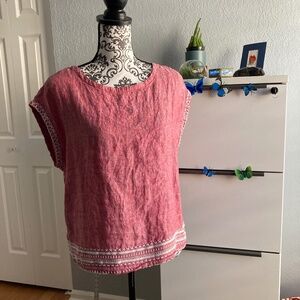 Sigrid Olsen Red Embroidered Linen Short Sleeve Top Size XS